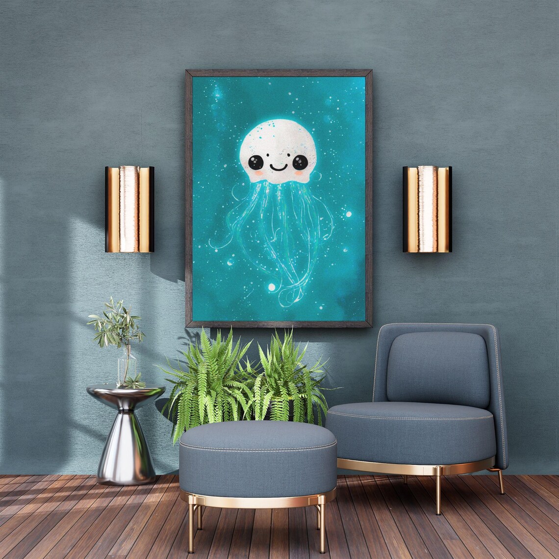 Glowing White Baby Jellyfish Teal Ocean Nursery Kids Wall Art - Image 6