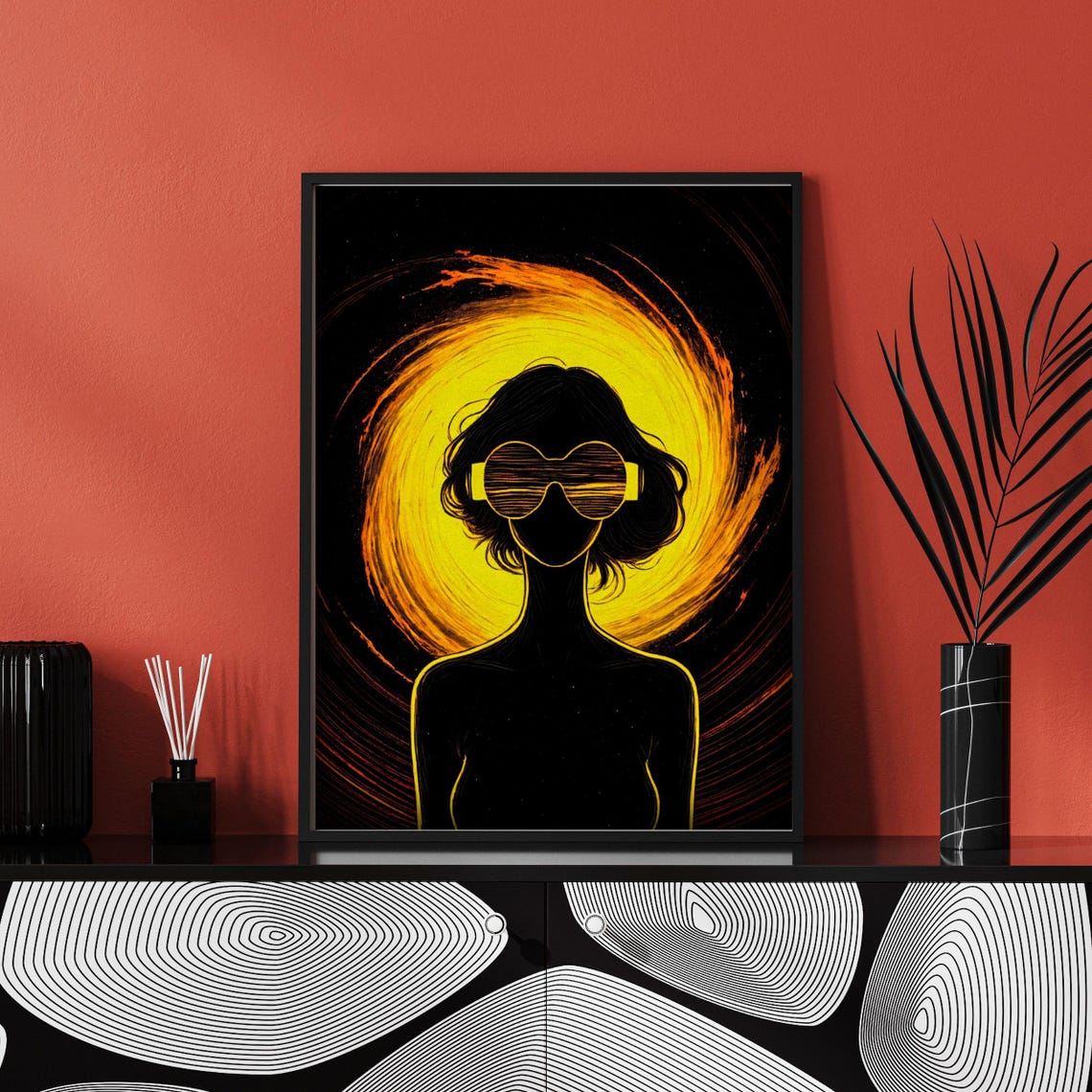 Abstract Flaming Woman Silhouette Sunglasses Yellow Vortex Art Print - Image 4
