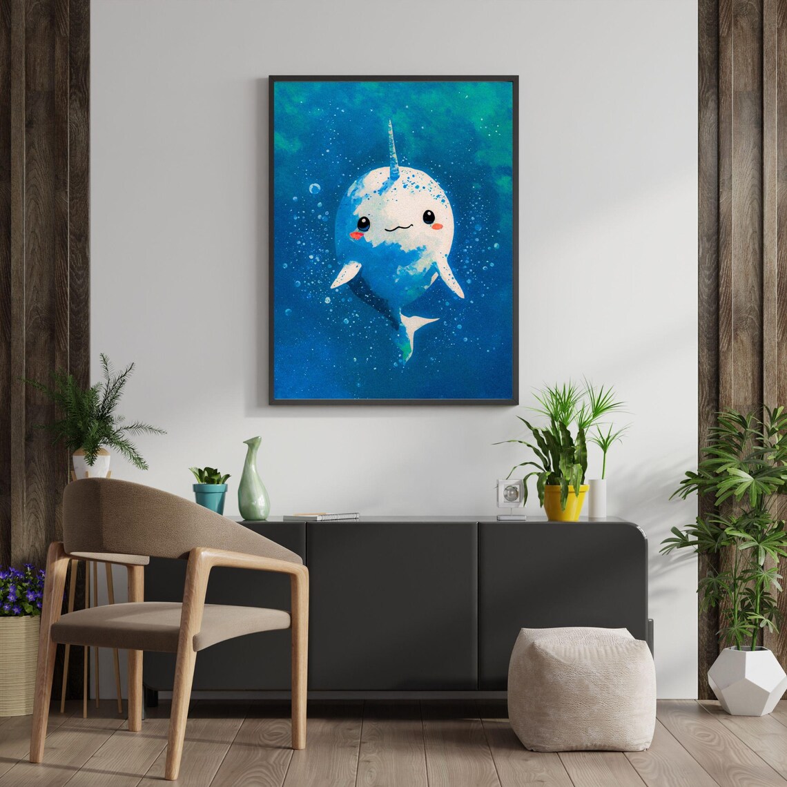White Baby Narwhal Blue Ocean Nursery Kids Room Animal Wall Art - Image 6