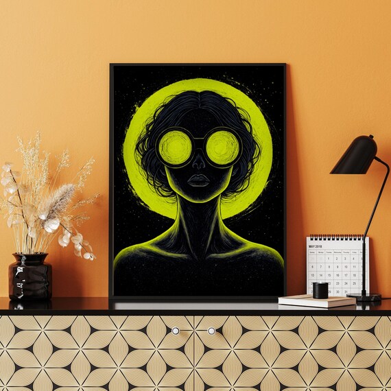 Surreal Steampunk Female Portrait Neon Yellow Halo Round Goggles Print