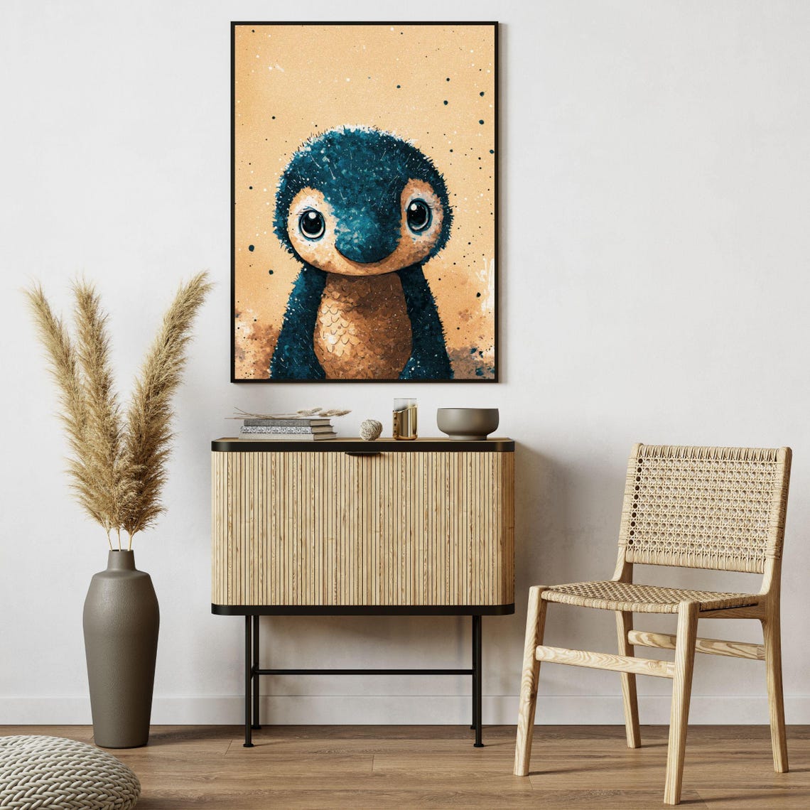 Adorable Baby Penguin Big Eyes Tan Splatter Nursery Animal Wall Art - Image 3