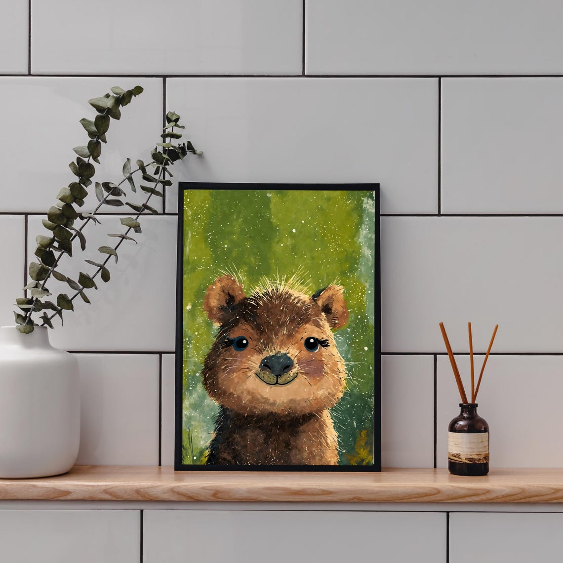 Cute Baby Capybara Watercolor Portrait Green Jungle Nursery Art Print