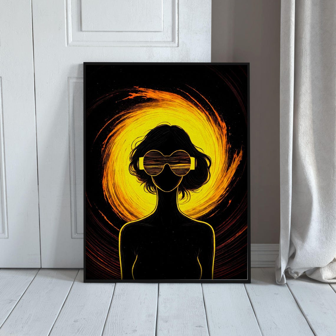 Abstract Flaming Woman Silhouette Sunglasses Yellow Vortex Art Print - Image 2