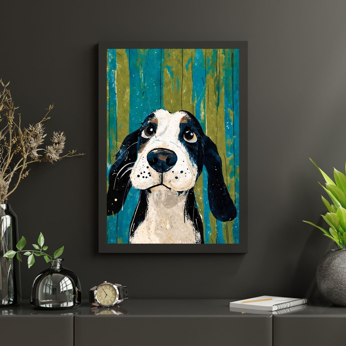 Cute Hound Puppy Watercolor Portrait Long Ears Beagle Dog Art Print