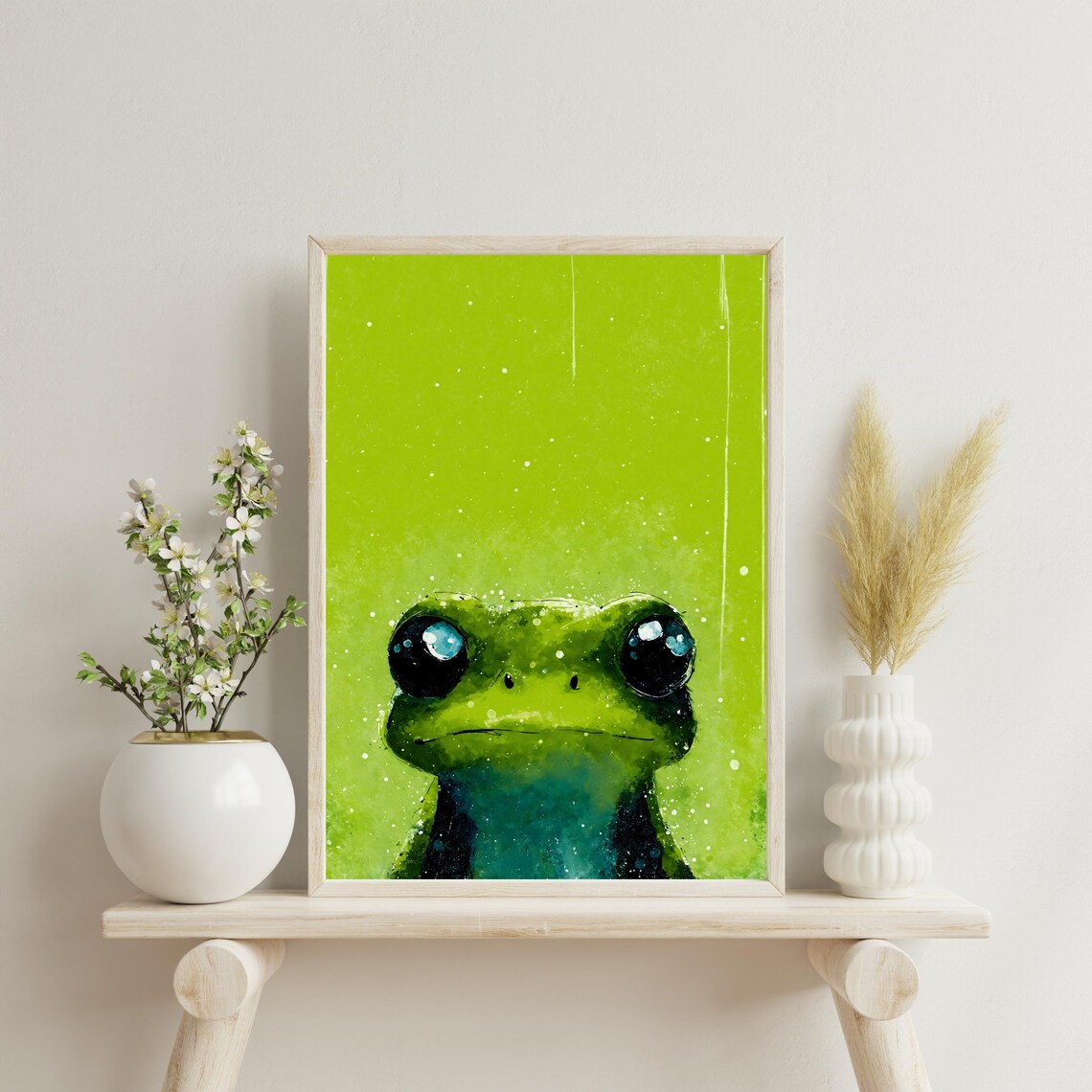Cute Green Frog Big Eyes Portrait Lime Background Kids Room Poster - Image 3