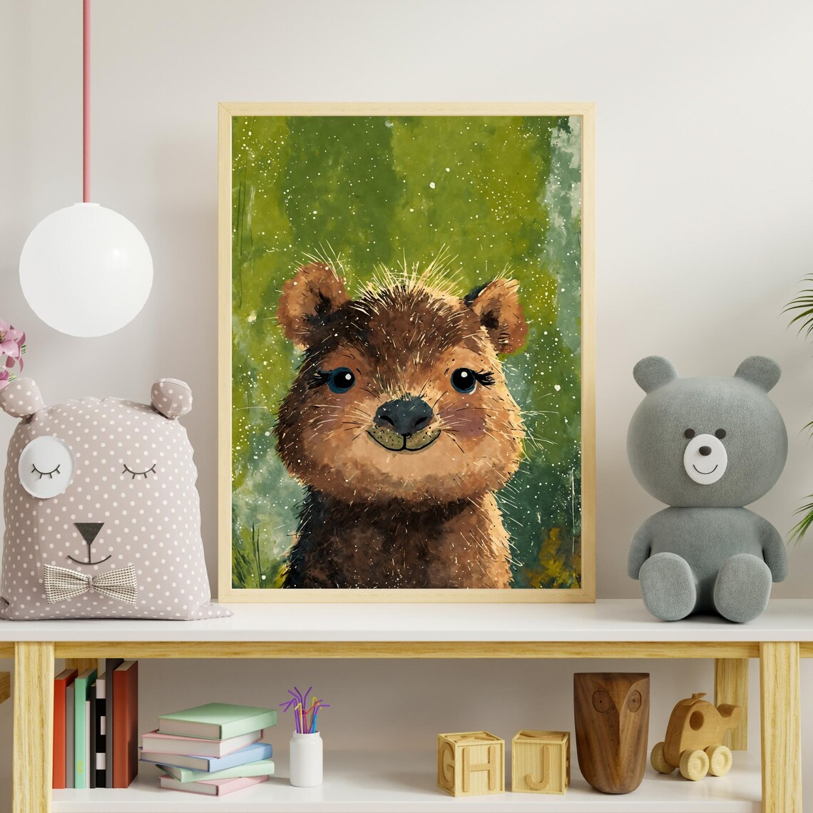 Cute Baby Capybara Watercolor Portrait Green Jungle Nursery Art Print - Image 4