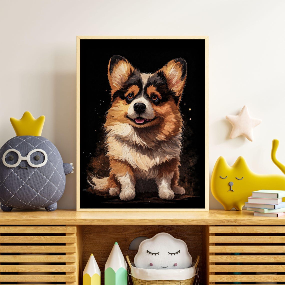 Smiling Tri Color Welsh Corgi Black Background Dog Portrait Poster - Image 2