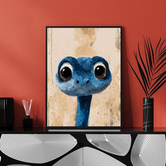 Cute Blue Baby Snake Watercolor Portrait Big Eyes Kids Room Art Print