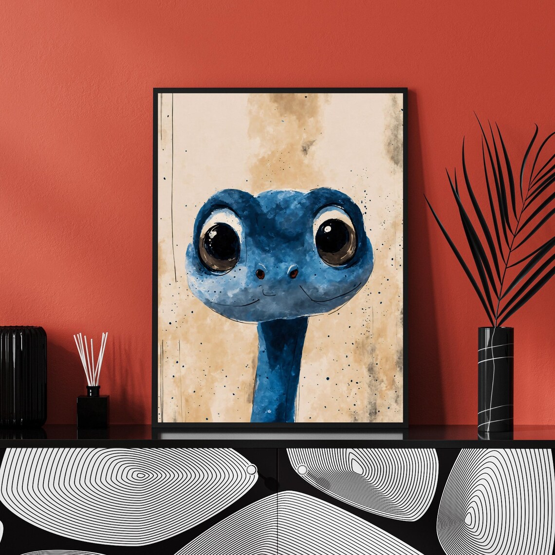 Cute Blue Baby Snake Watercolor Portrait Big Eyes Kids Room Art Print