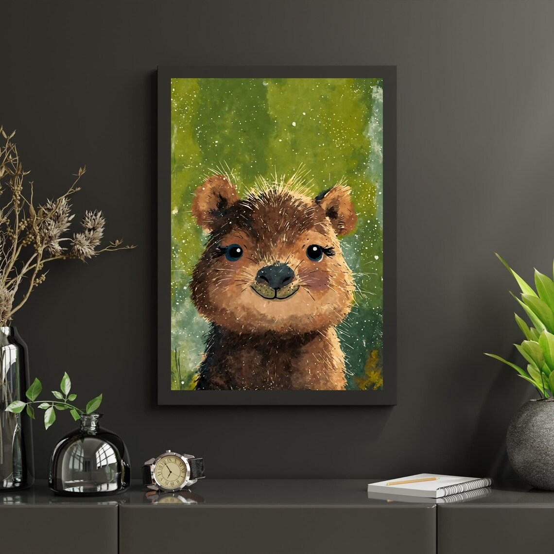 Cute Baby Capybara Watercolor Portrait Green Jungle Nursery Art Print - Image 2