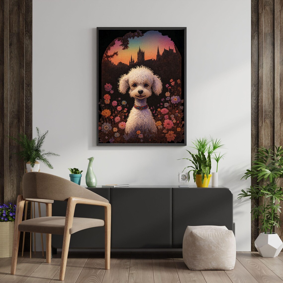 White Toy Poodle Flower Garden Fairytale Castle Dog Portrait Poster - Image 2