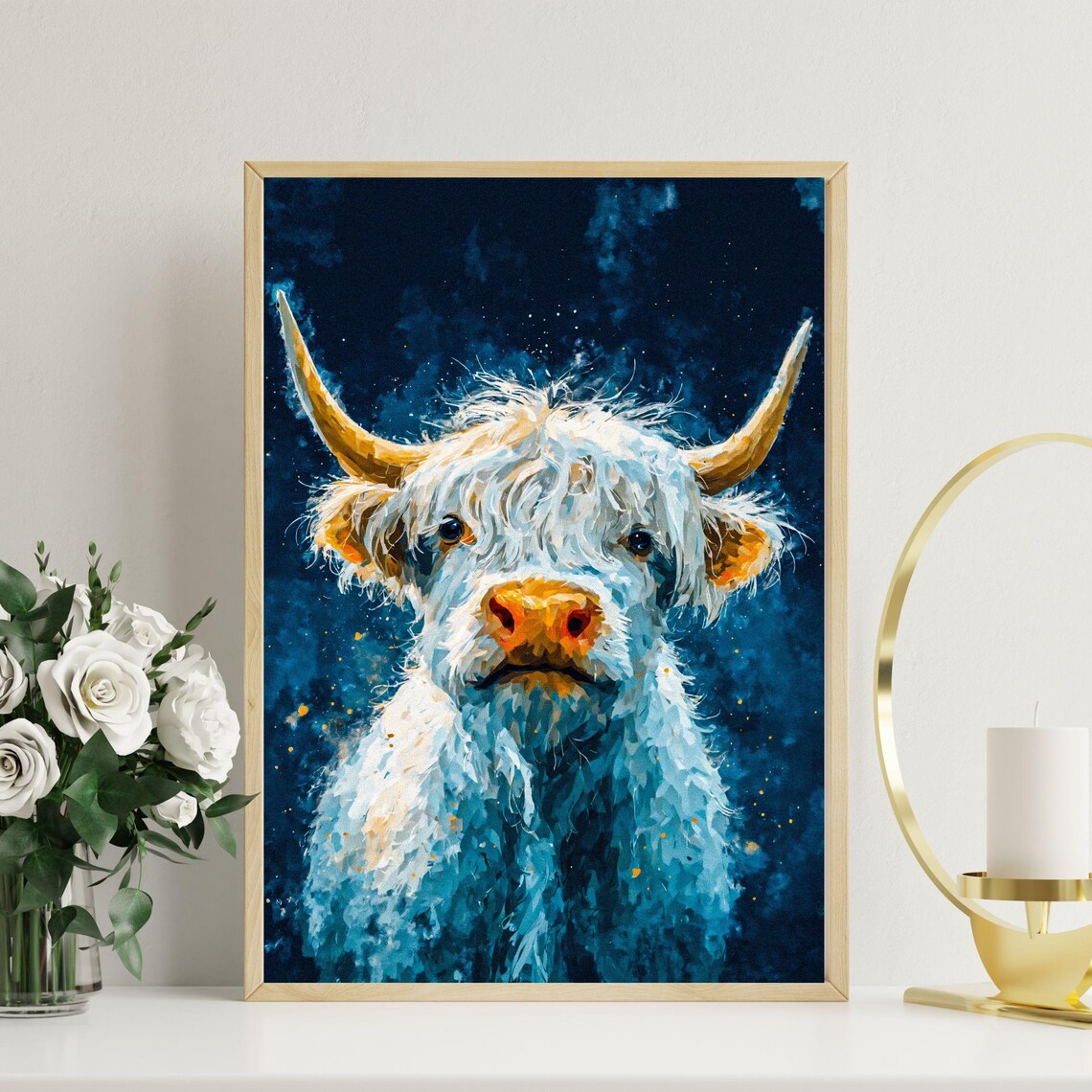 White Highland Cow Watercolor Painting, Rustic Decor