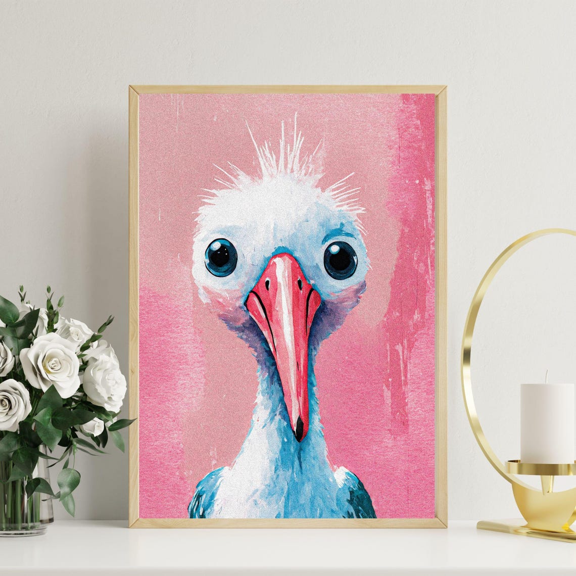 Quirky Blue Stork Pink Background Bird Portrait Nursery Wall Art - Image 8