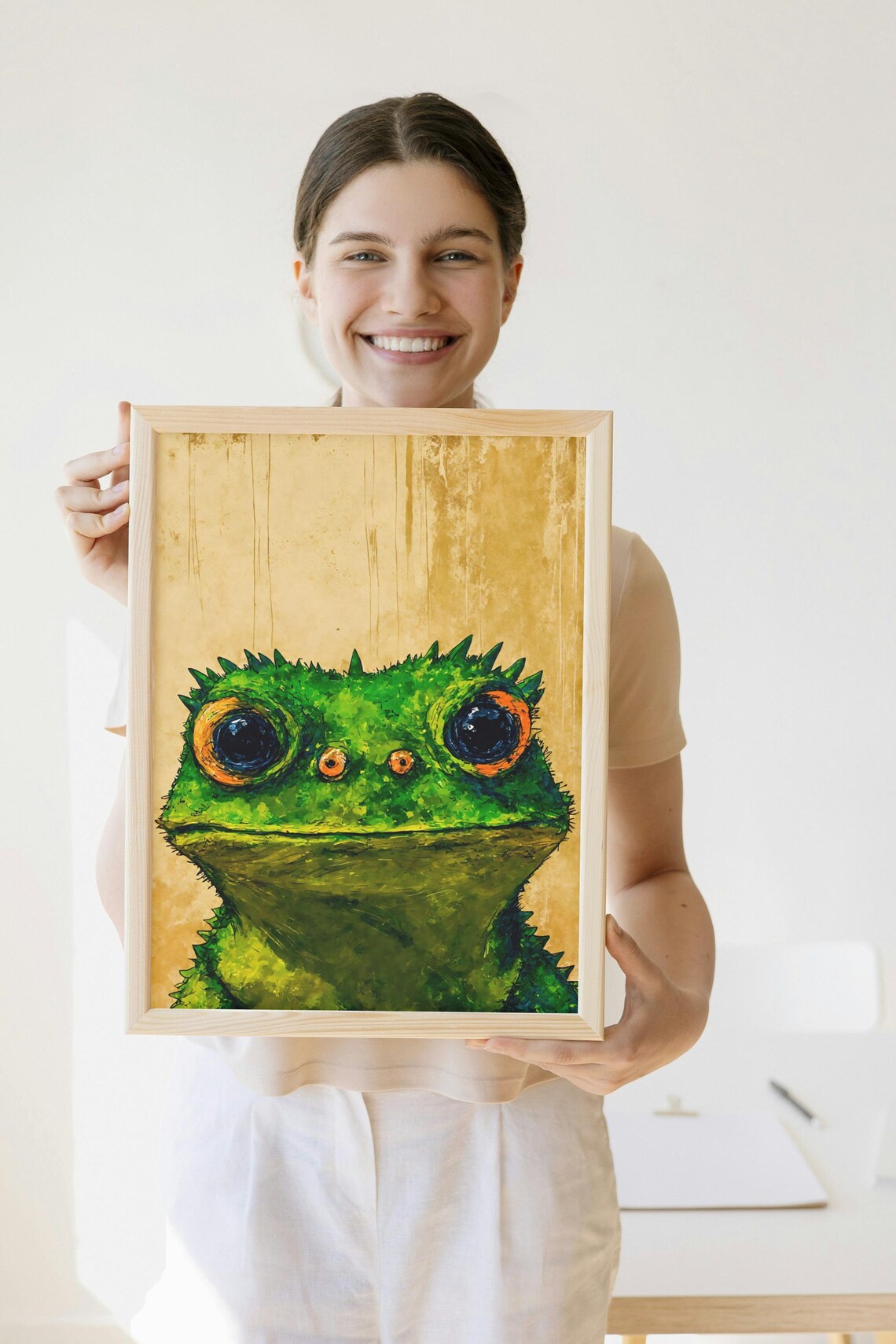 Green Spiky Lizard Big Orange Eyes Portrait Exotic Reptile Poster - Image 2