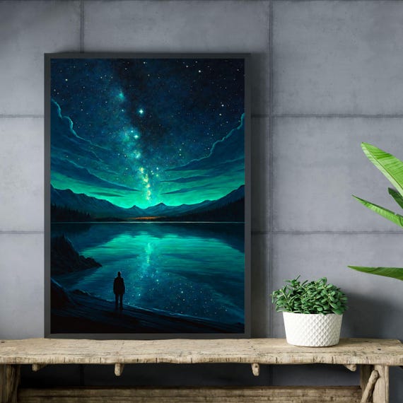 Starry Night Cyan Lake Art Print Milky Way Reflection Tranquil Landscape Nature Wall Decor Dreamy Scene Unique Gift 8x10 24x36