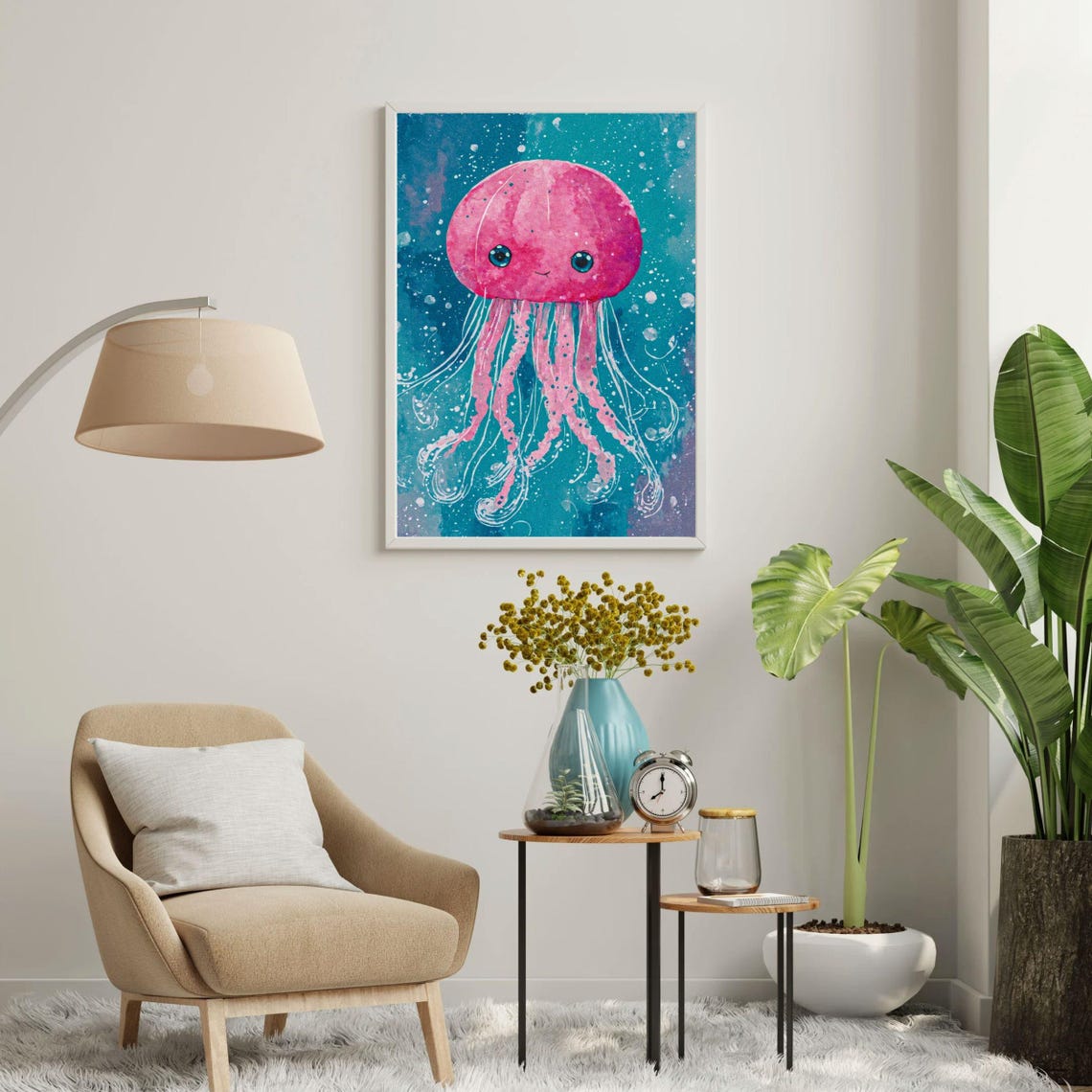 Pink Jellyfish Art Print Sweet Ocean Creature Wall Hanging Playful Blue And Teal Spotted Illustration For Girls Room 8x10 12x16 18x24 - Image 3