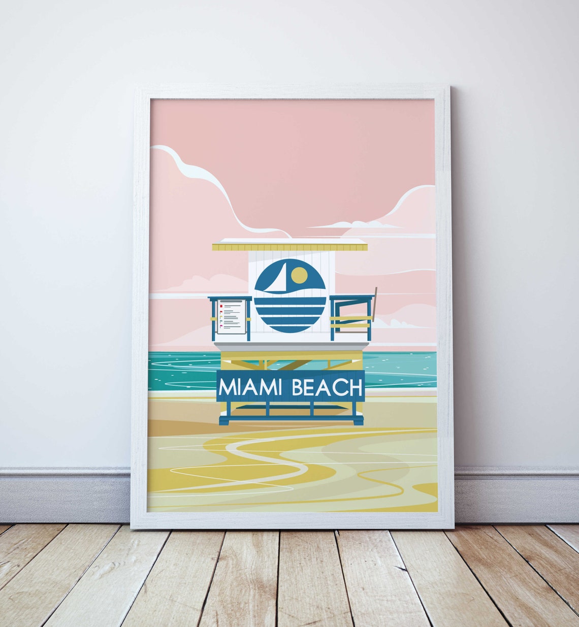 Miami Beach Lifeguard Stand Sunset Retro Art Deco Travel Poster