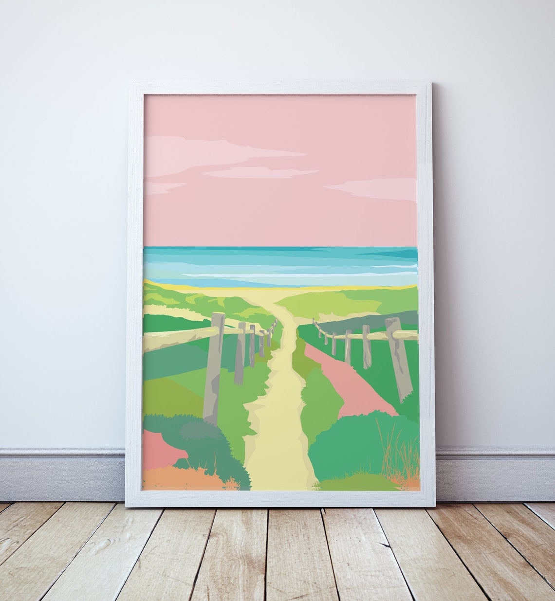 Sandy Dune Path Between Fences to the Sea Pastel Beach Travel Poster