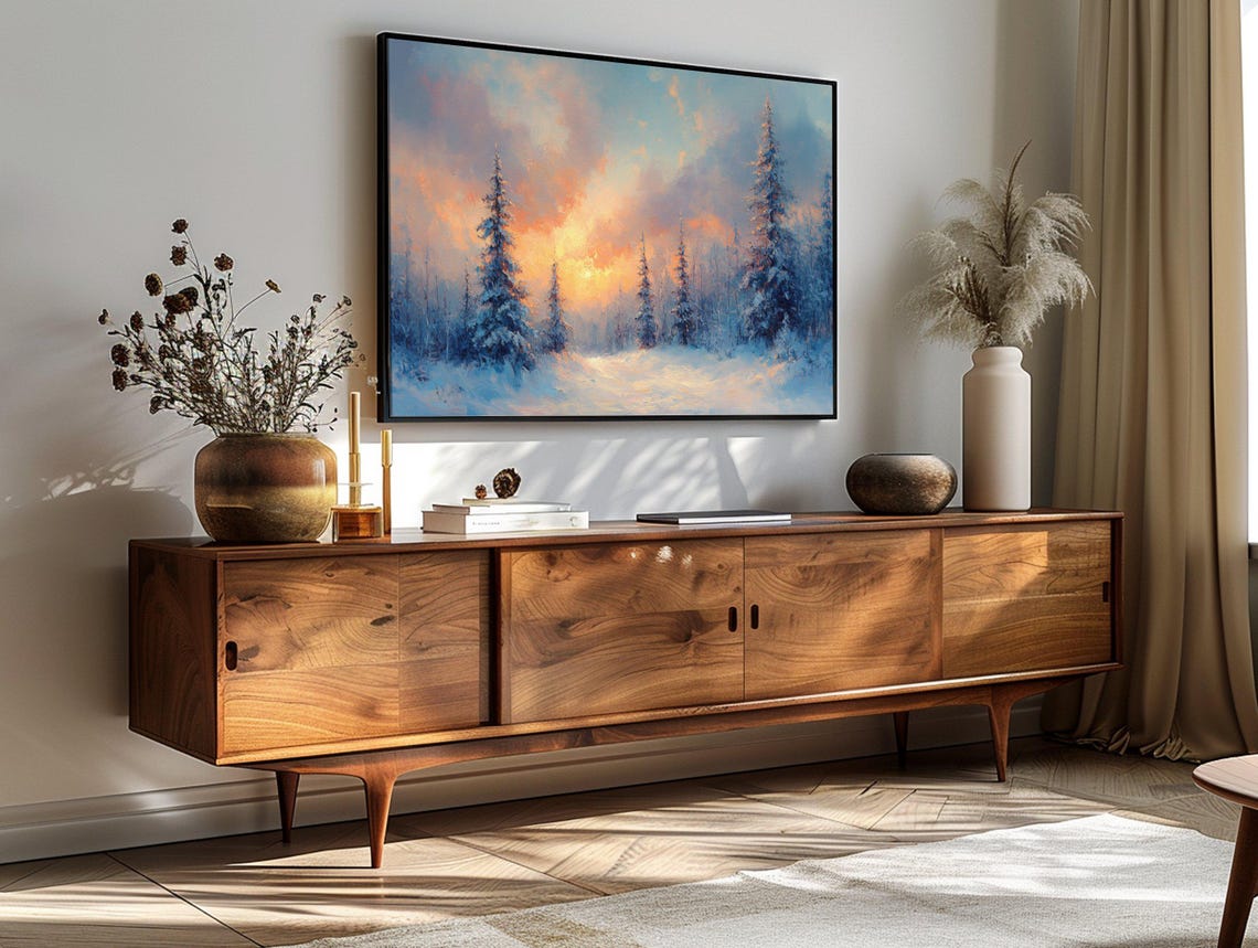 Snowy Pine Forest Winter Sunrise Orange Blue Peaceful Landscape Poster - Image 3