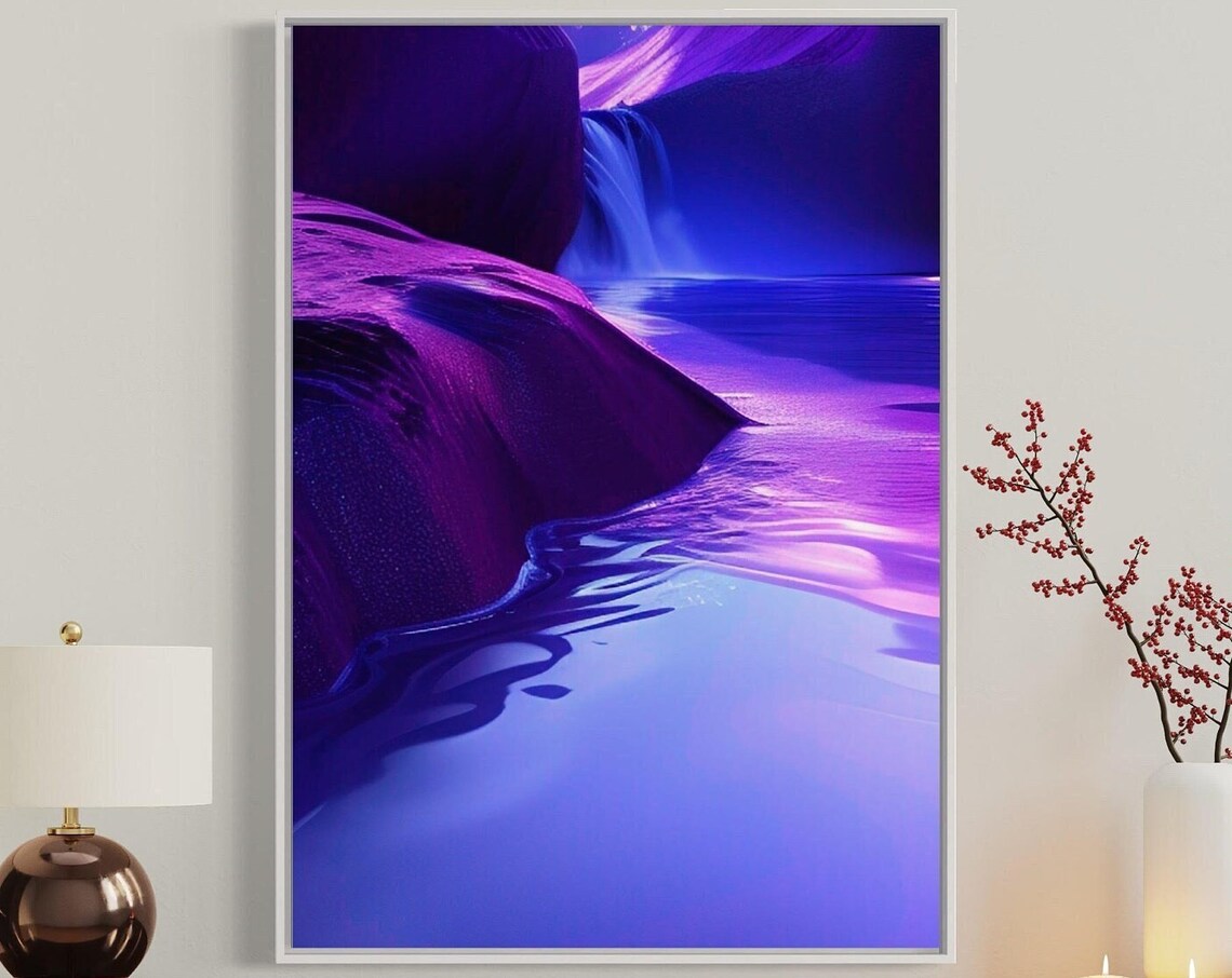 Purple River Waterfall Fantasy Landscape Poster in Violet Hues