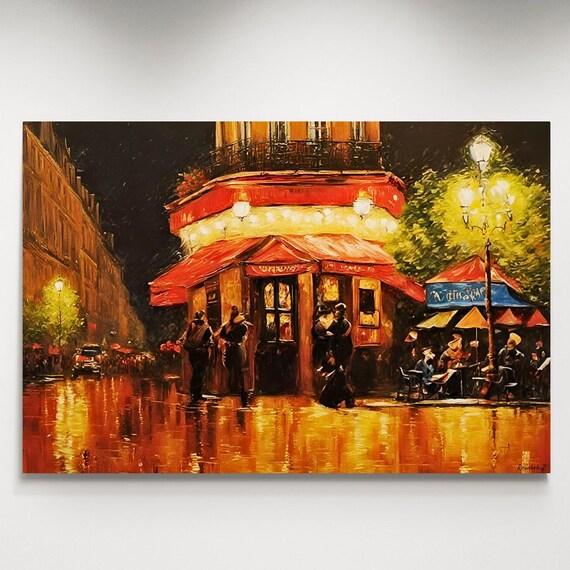 Paris Night Cafe Rainy Street Impressionist Oil Painting Print