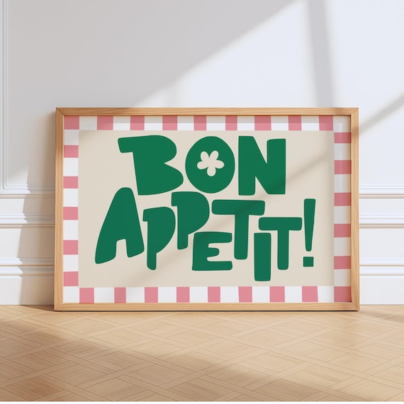Bon Appetit Green Retro Typography Pink Gingham Kitchen Poster