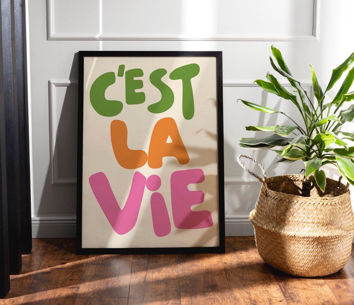 Cest La Vie Colorful Green Orange French Retro Typography Poster