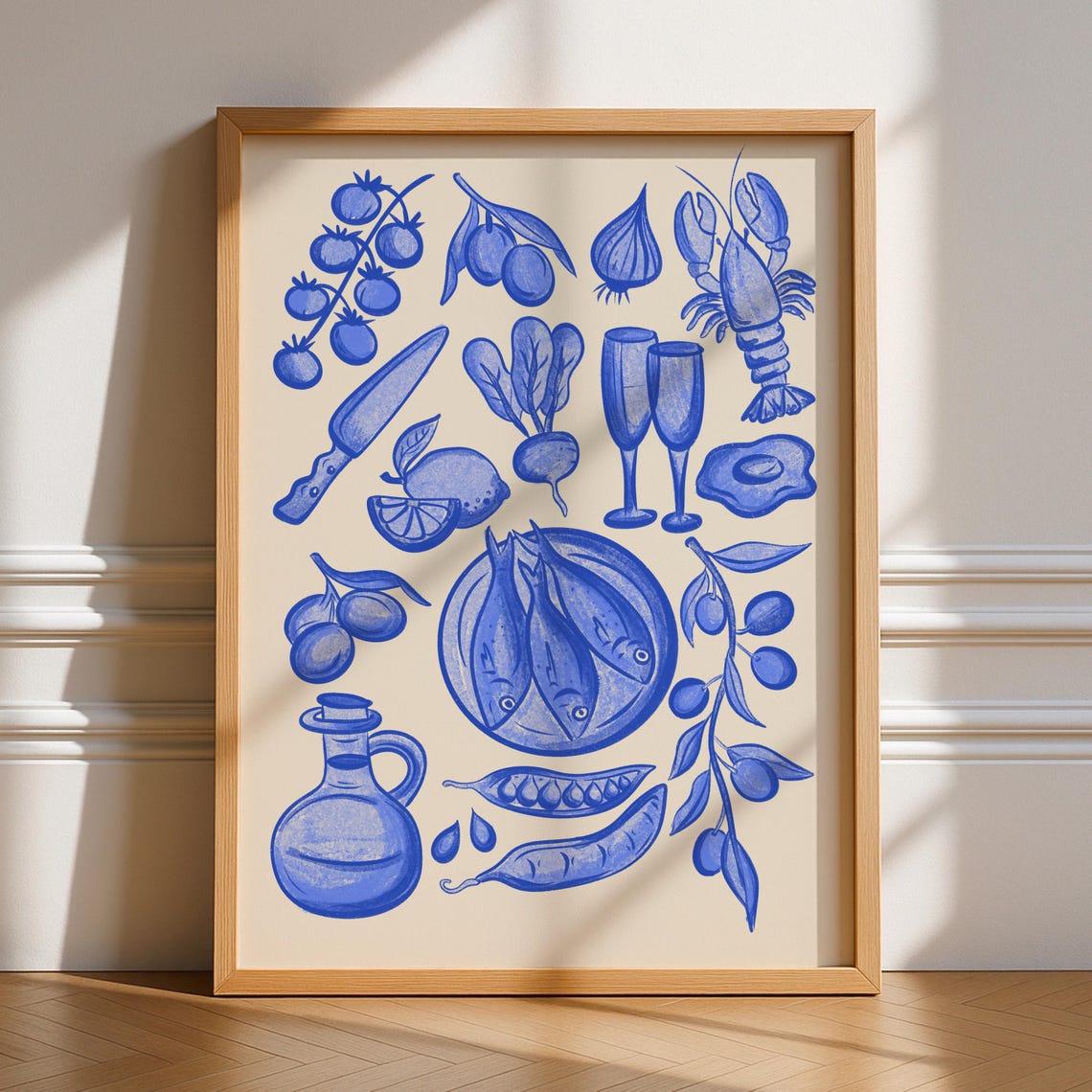 Blue Ink Mediterranean Kitchen Food Illustrations Retro Wall Poster