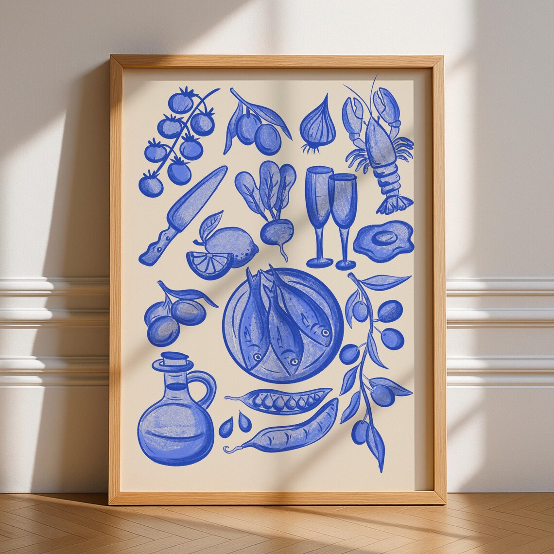 Blue Kitchen Food And Drink Illustrations Retro Wall Art Prints Decor Maximalist Poster