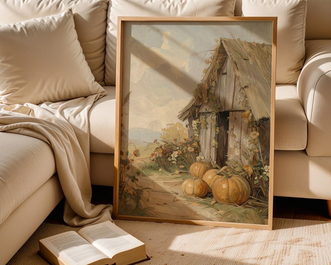 Vintage Pumpkin Farmhouse Art Print Rustic Autumn Landscape