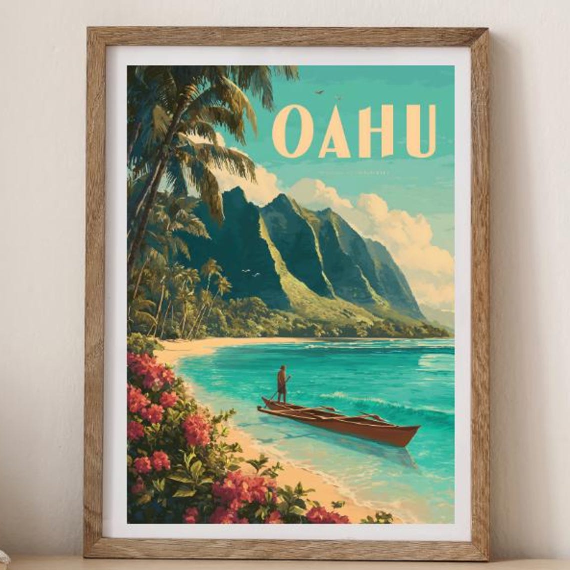 Oahu Hawaii Vintage Travel Poster Canoe Cliffs And Pink Flowers