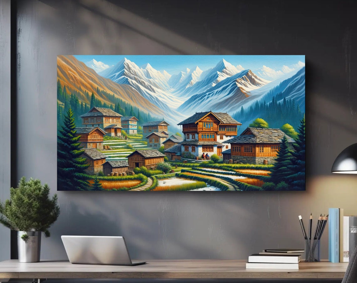 Himalayan Mountain Village Beneath Snow Covered Peaks Poster