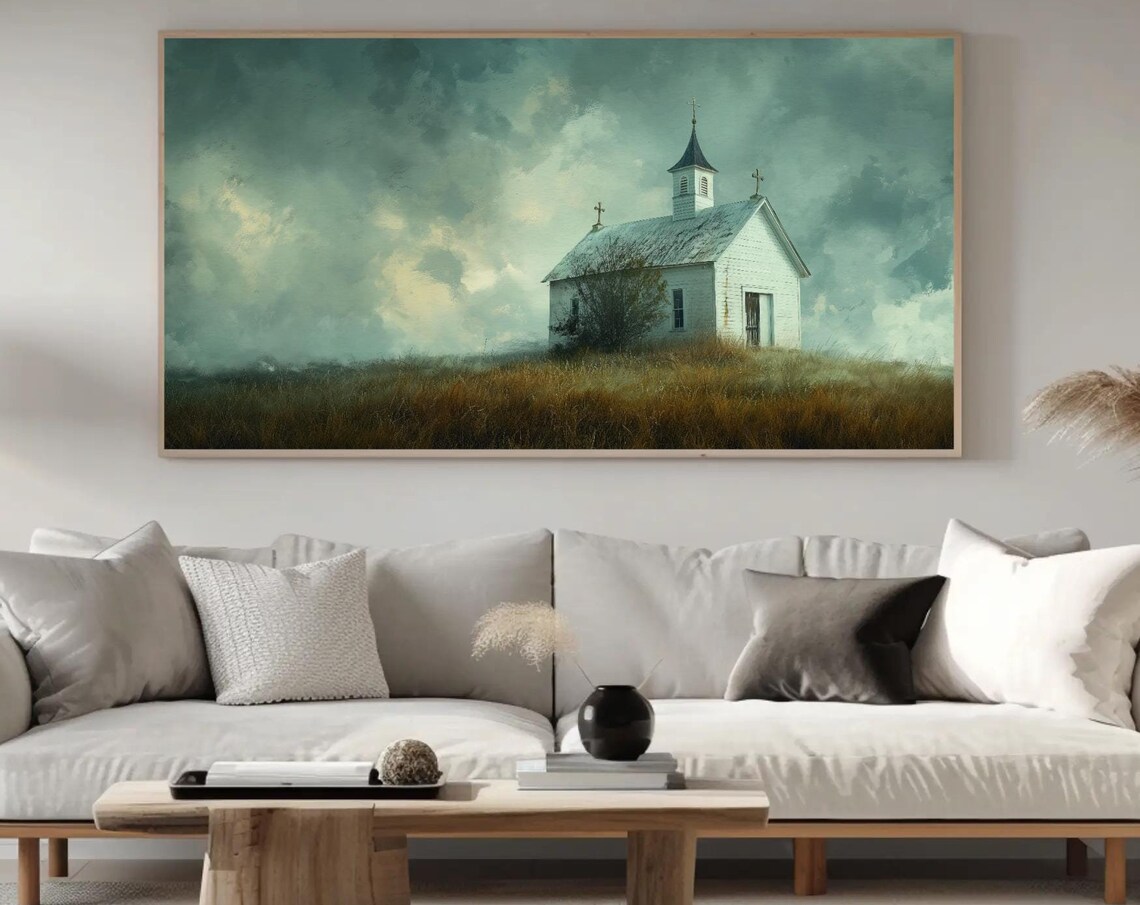 Lonely White Chapel On A Windswept Hill Under Moody Skies Poster - Image 3