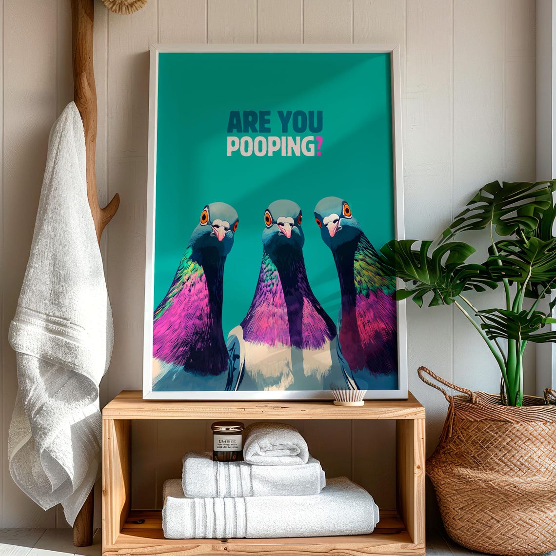 Are You Pooping Three Curious Pigeons on a Teal Funny Poster - Image 7