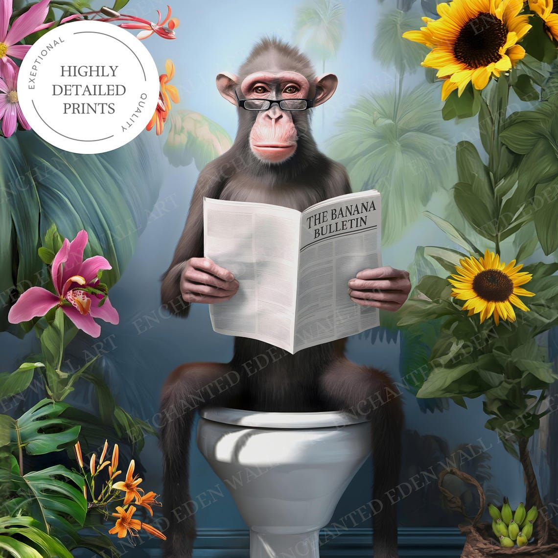 Monkey With Glasses Reading the Banana Bulletin on a Toilet Poster - Image 7