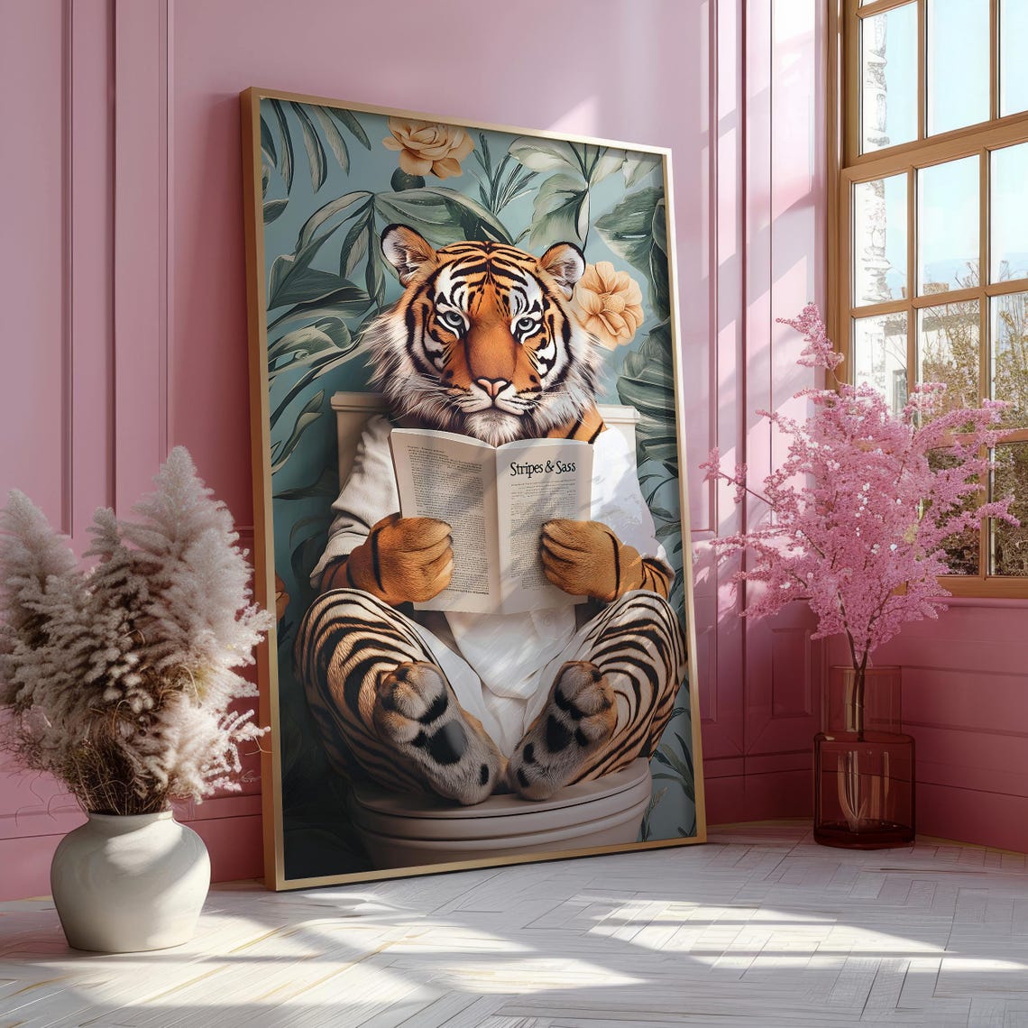 Tiger in a White Bathrobe Reading Stripes and Sass on a Toilet Poster - Image 5