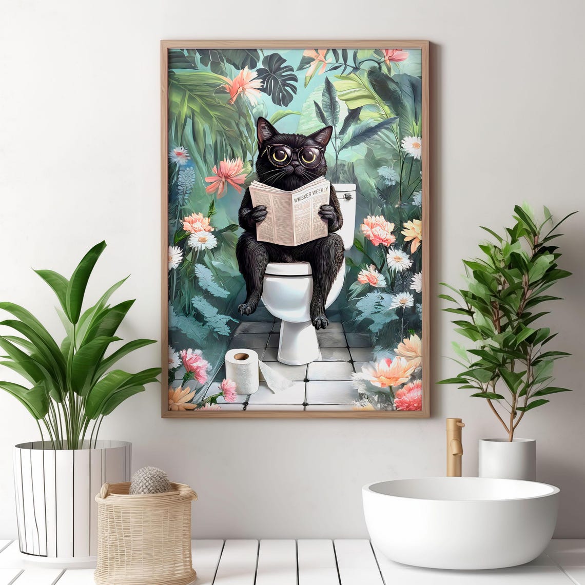 Black Cat In Glasses Reading Whisker Weekly On Toilet Poster - Image 3