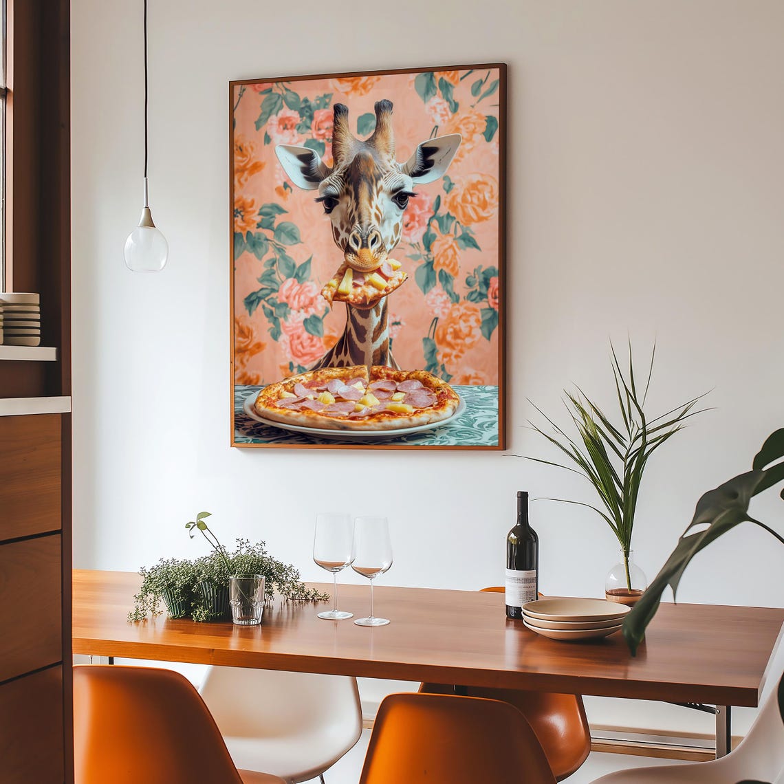 Giraffe Eating a Slice of Pepperoni Pizza Floral Kitchen Poster - Image 4