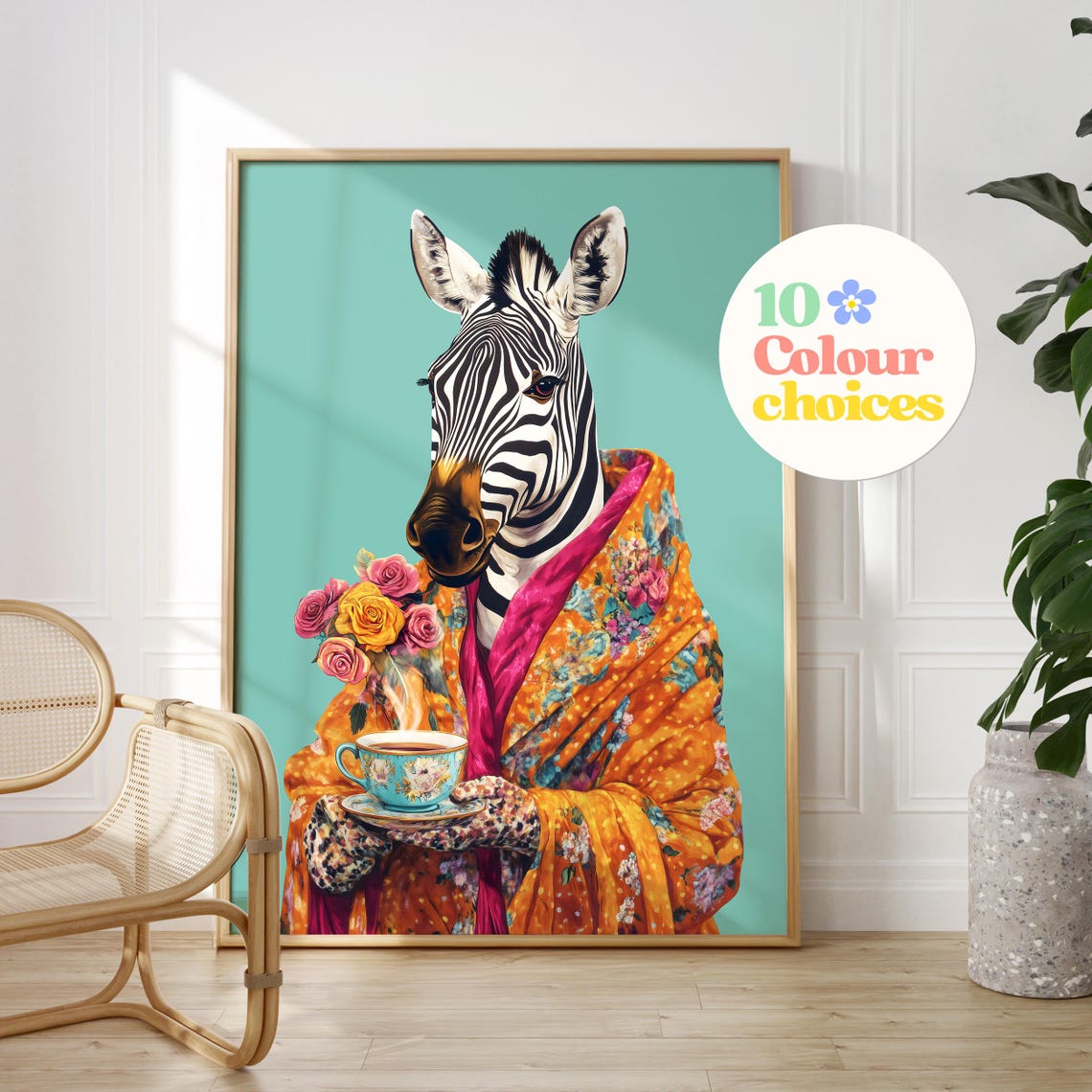 Zebra Wrapped in a Colorful Shawl Holding a Floral Teacup Poster