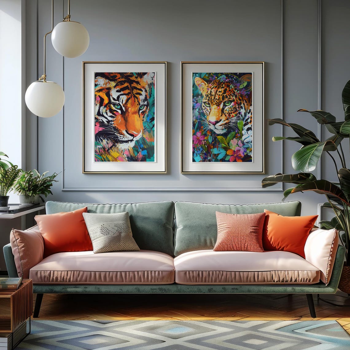 Tiger Face in Vivid Abstract Paint With Tropical Flowers Poster - Image 5