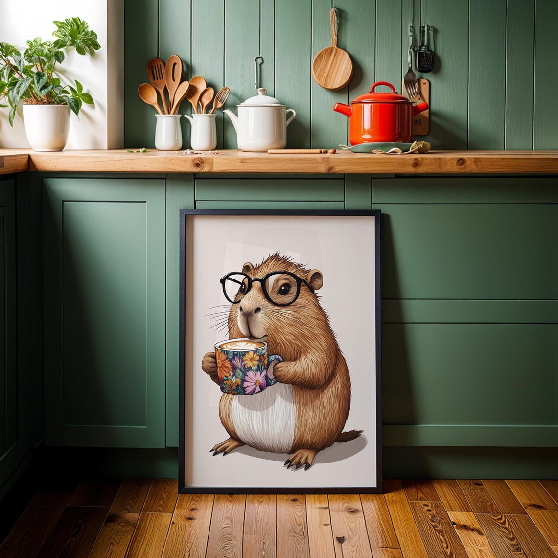 Capybara Drinking Coffee Wall Art Coffee Lover Print Capybara Gift Funny Capybara Poster Dining Room Kitchen Wall Decor Trendy Print - Image 3
