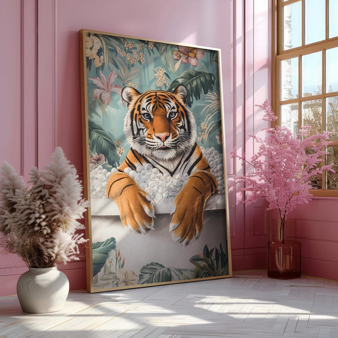 Tiger Relaxing in a Foamy Bubble Bath With Tropical Leaves Poster - Image 5