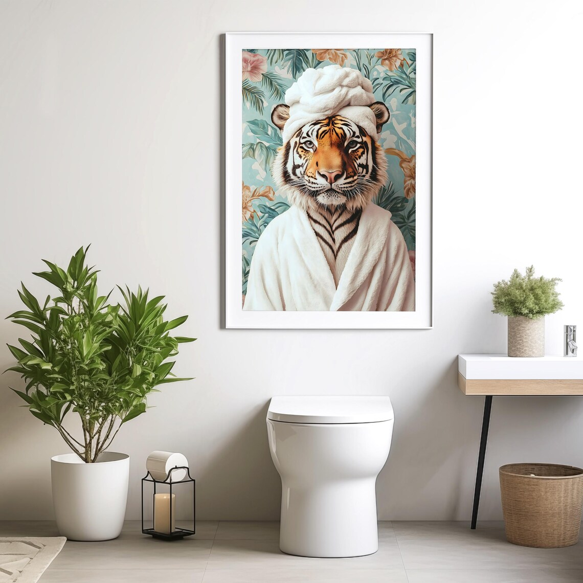 Tiger in a White Spa Robe and a Towel Turban Tropical Bathroom Poster - Image 4