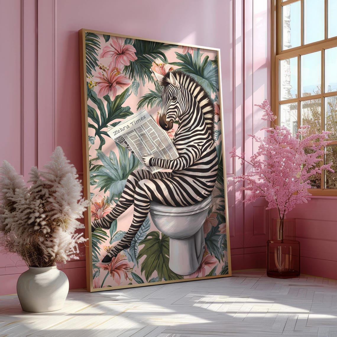 Zebra Sitting on a Toilet Reading Zebra Times Bathroom Poster - Image 5