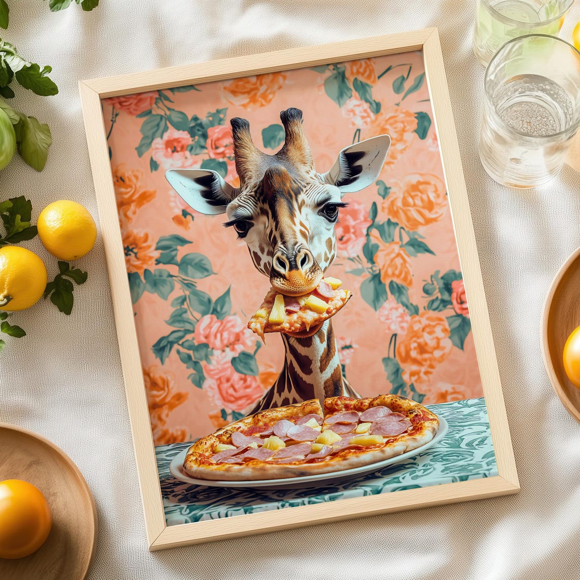 Giraffe Eating a Slice of Pepperoni Pizza Floral Kitchen Poster - Image 7