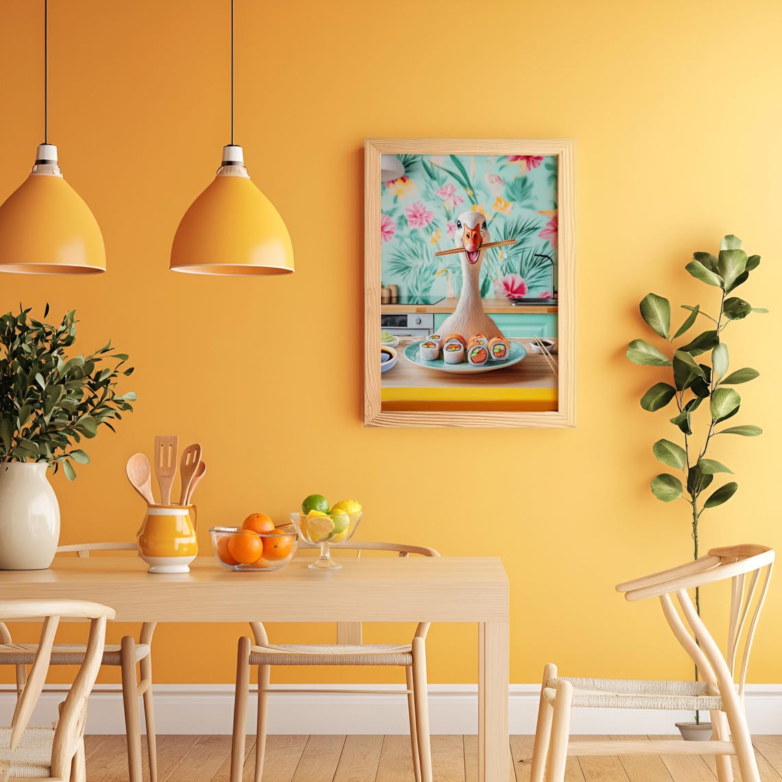 Goose With Chopsticks Eating Sushi in a Bright Kitchen Poster - Image 3