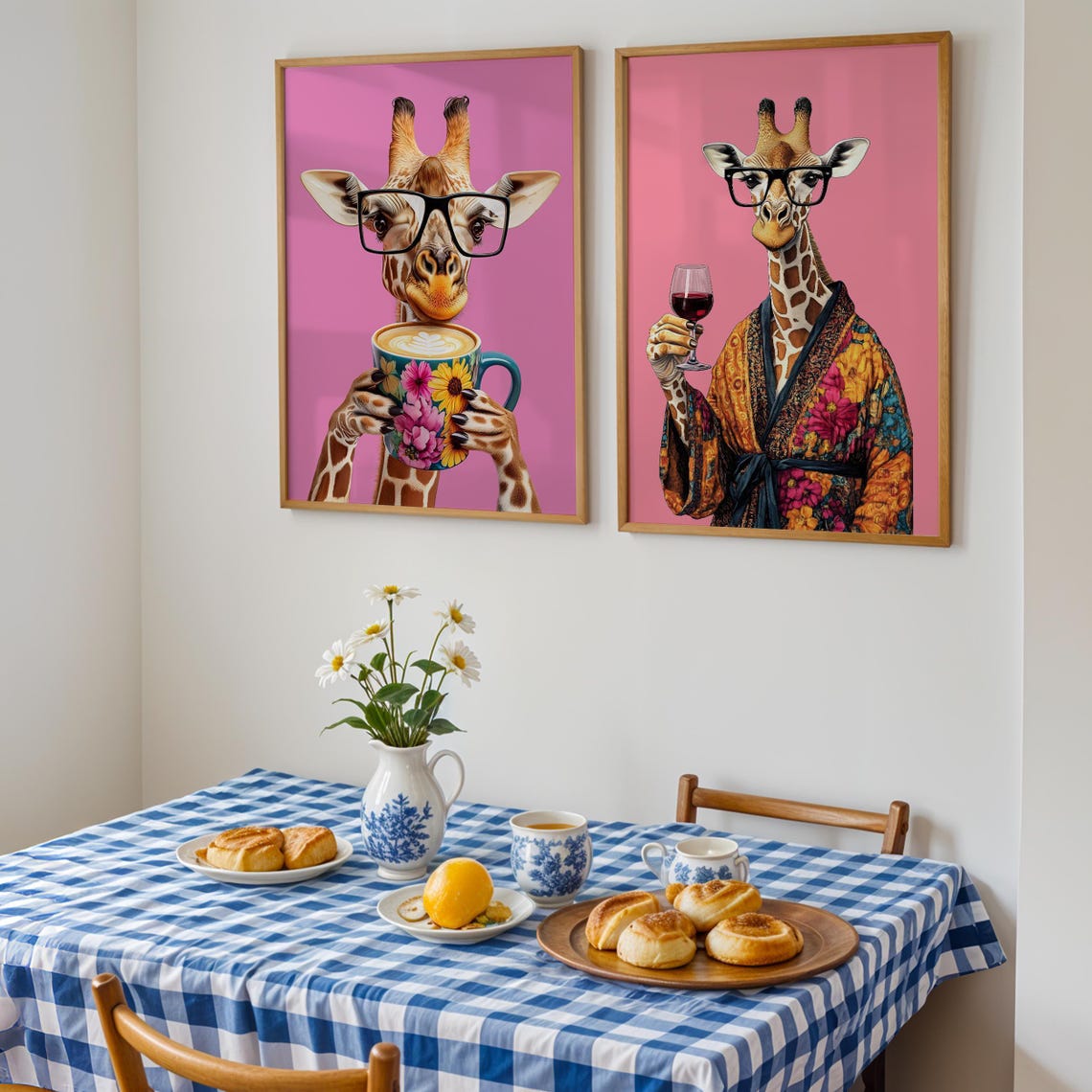 Giraffe in Glasses and Floral Robe Holding a Glass of Red Wine Poster - Image 2