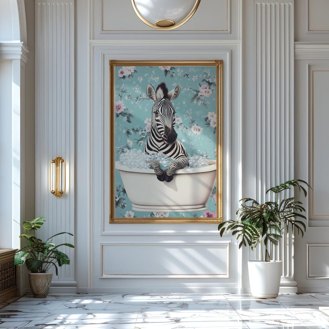 Zebra Relaxing in a Bubble Bath Against a Teal Floral Wallpaper Poster - Image 3