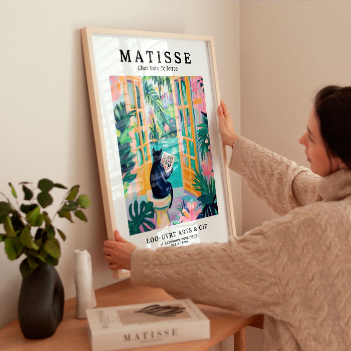 Matisse Style Black Cat Reading by French Doors Toilet Art Poster - Image 2
