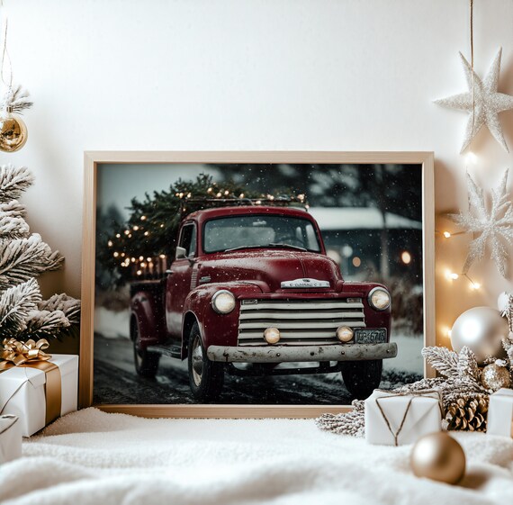 Vintage Red Chevy Pickup Christmas Tree Snow Classic Truck Poster